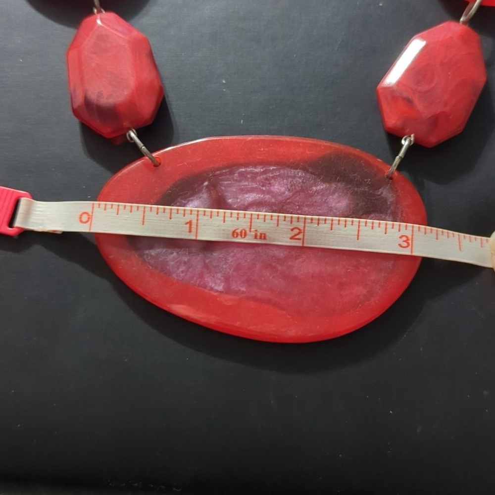 Silver Tone Red Swirl Resin Slice Statement Necklace - Picture 5 of 5